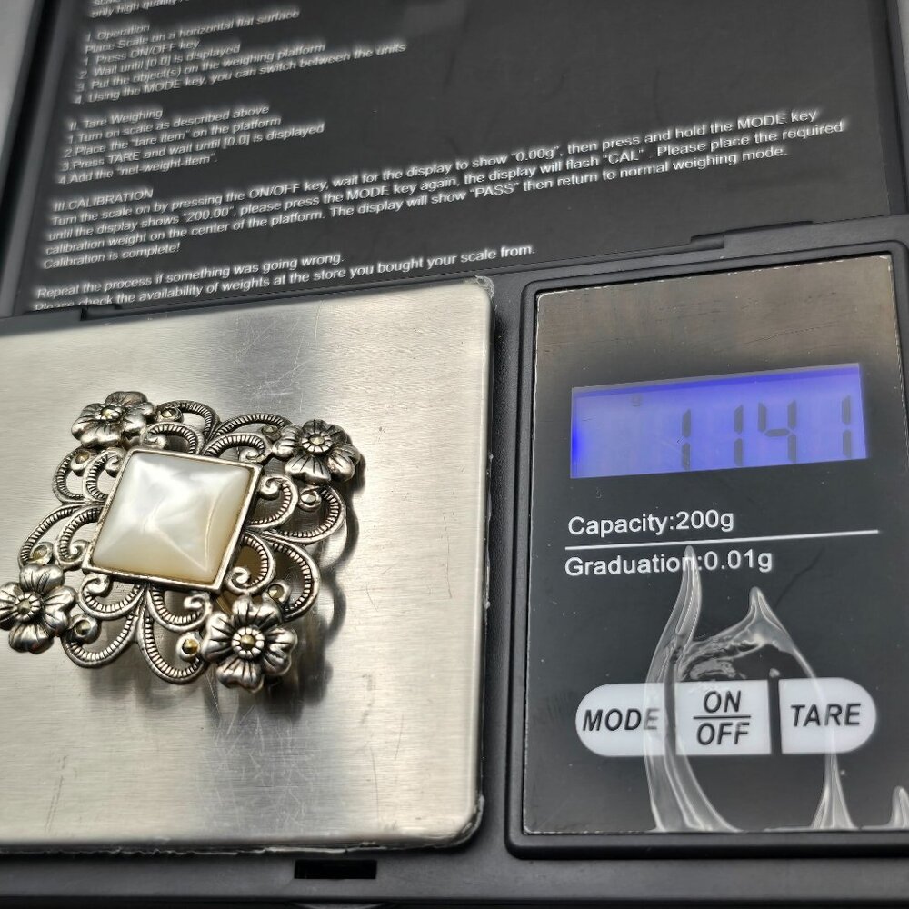 VTG 925A Sterling Silver MOP Brooch 1.25" Floral Cutouts Art Nouveau 11.41g - Picture 7 of 8